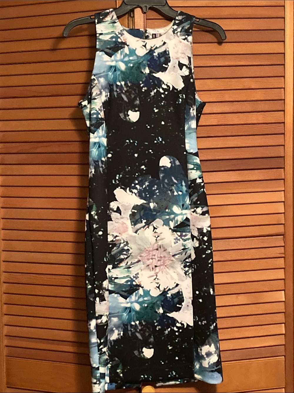 Jennifer Lopez Black Midi Dress with Blue and White Floral Print